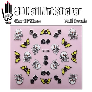 1 Ark 3D Nail Art Mærkat GL06 Terninger Kranier Design Nail Art Overførsel Mærkat Mærkat Mærkat For Nail Art Dekoration
