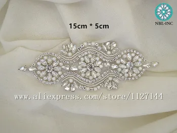(1 styk) Håndlavet jern på beaded brude sølv klare krystal rhinestone applikationer patch til bryllup kjoler satin bælte WDD0040