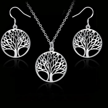 1 Sæt Elegante Tree of Life Halskæde Og Øreringe Sæt,Vintage Smykker Sæt, Sølv Farve, Smykker, Kvinder, Piger Gave