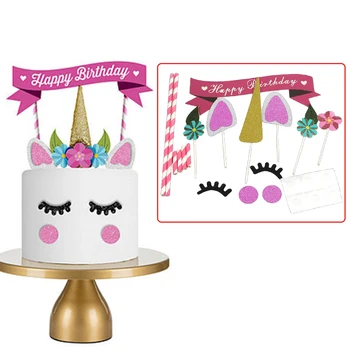 1 sæt Håndlavede Pink Enhjørning Part Cupcake Dekoration Happy Birthday Party Flag Baby Børn Party Indretning Kage Udsmykning