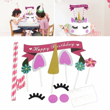 1 sæt Håndlavede Pink Enhjørning Part Cupcake Dekoration Happy Birthday Party Flag Baby Børn Party Indretning Kage Udsmykning