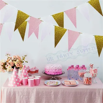 1 Sæt Pink & Guld-Fest Pakke Glitter Banner Ballon Lanterne Baby Pige Brusebad Bridal Shower, Fødselsdag, Dåb Party Dekorationer