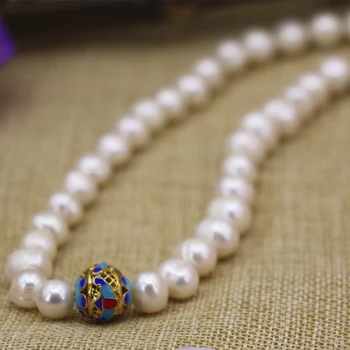 10-11mm naturlige ferskvands kulturperler perle nearround perler halskæde kvinder guld-farve cloisonne kæde choker smykker 18inch B3133