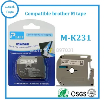 10 PK Gratis forsendelse Sort på Hvid 12mm kompatibel M tape-etiket catridge M-K231 MK231 M231 M K231