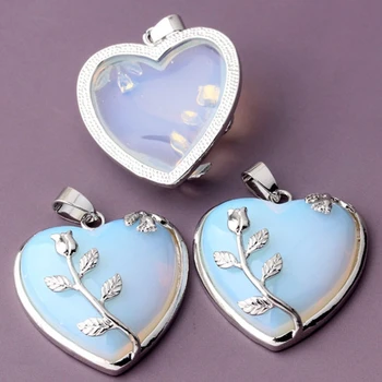 100-Unik 1 Stk Forsølvet Romantisk Stil Kærlighed Hjerte Opalite Opal Med Leaft Vedhæng Mode Smykker