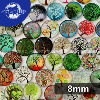 100pcs/masse 8mm runde glas facetslebet alle slags træer blandet mønster passer cameo base indstilling til smykker forskønnelse flatback