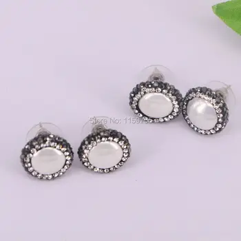 10Pair Naturlige shell stud øreringe runde form bane rhinestone øreringe håndlavede perle smykker til kvinder