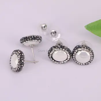 10Pair Naturlige shell stud øreringe runde form bane rhinestone øreringe håndlavede perle smykker til kvinder