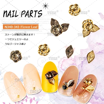 10stk/masse Japansk Nitte Stil Glitter Nail Art Dekoration, Nitter, Guld Legering rose flower Tree Leaf Design Nail Forsyninger