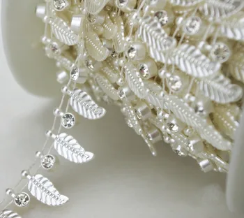 10y 18mm blad Formet elfenben Perle med Rhinestone Kæde Trim, Syning, Håndværk Kostume Applique Bryllup Dekoration LZ100