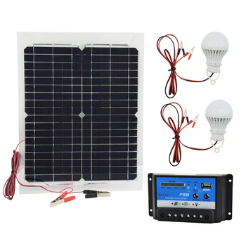 12V 20W Monokrystallinske Solcelle Panel med 10A Controller Oplader og 2 stk Led-Lampe Genopladeligt Batteri, Oplader, Solar Celler