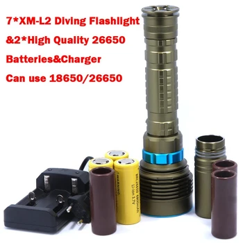 14000LM 70W 7* XM-L2 LED Dykning Lommelygte Torch 200M Undersøiske Vandtæt LED Flash Light Lanterne+ 3*26650 Batterier+ lader