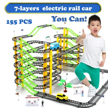 155PCS/Set, 7-Lag Elektrisk Jernbane Bil Rotary Opbygning af Model Kit Sæt Tog Spor Slot Legetøj Baby Uddannelses-Racing Bane Biler