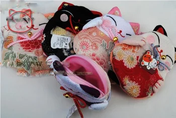 16 stykker Japansk stil Lucky cat mønt mønt punge tasker Nul Tegnebog Japansk kimono stof