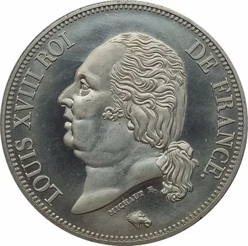 1824 Frankrig 5 Francs Louis XVIII Sølv Messing Forgyldt Kopiere Mønter