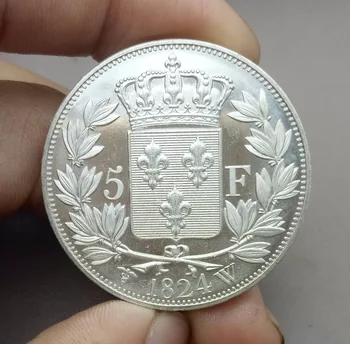 1824 Frankrig 5 Francs Louis XVIII Sølv Messing Forgyldt Kopiere Mønter