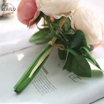 1Bunch 5 Hoveder Champagne Kunstige Blomster Runde Rose Buket Bryllup Brude Hjem Dekorative Håndværk