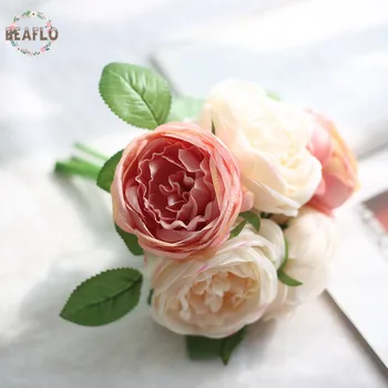 1Bunch 5 Hoveder Champagne Kunstige Blomster Runde Rose Buket Bryllup Brude Hjem Dekorative Håndværk