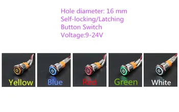 1STK YT1210 Hul Størrelse 16 mm selvlåsende/Stop-kontakten Metal trykknap switch Med LED Lys 9-24 V 10A Sælge med Tab