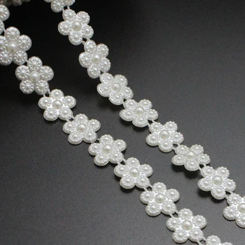 1yard/masse 14mm Blomst Flatback Hvid Imiteret Naturlig pearl Perler, Perle Bånd Trim Bryllup dekoration 005008042
