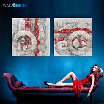 2 panel Abstrakt kunst, maling, lærred maleri Sort rød cirkel enkelhed væggen billede med hjem malerier til stuen væg kunst