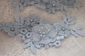 2 pc Lace applique, perle lace applique med 3D blomster, håndlavede medaljon blonde pynt