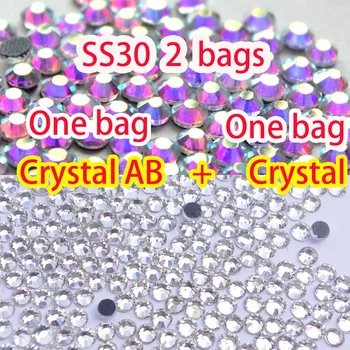 2 poser Crystal AB + Crystal DMC Flatback Strass Crystal Hot Fix Rhinestones SS30 6.4-6.6 MM 576PCS/MASSE til DIY Kjole Klæder