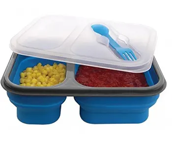 2 Rum Silikone Sammenklappelig Frokost Boks, mikrobølgeovn frokost boks for børn madkassen mad beholder bento box service