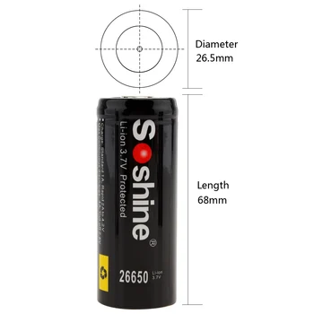 2 Stk / Masse Soshine 26650 Batteri 5500mAh 3,7 V 26650 Beskyttet Genopladelige Li-ion-Batterier Celle PCB 26650 Batteri