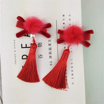 2 stk/sæt Kinesiske vind festlig rød Prinsesse hår klip piger Mini Kvast Blomst Hårnåle hovedklæde Hår tilbehør kid barrette