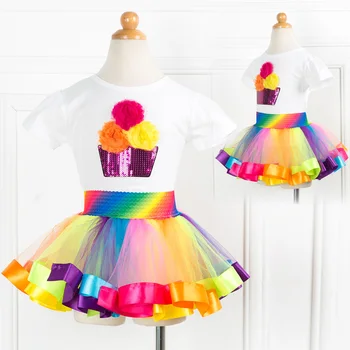 2 Stk/sæt Rainbow fødselsdagsfest Tutu Indstiller Piger Rainbow Tutu Nederdel Med Bomulds T-shirt Sæt Prinsesse Kjole Til 2-13 År