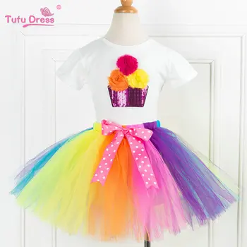 2 Stk/sæt Rainbow fødselsdagsfest Tutu Indstiller Piger Rainbow Tutu Nederdel Med Bomulds T-shirt Sæt Prinsesse Kjole Til 2-13 År