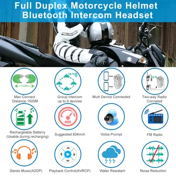 2 stk T-MAX motorcykel hjelm intercom 8 ryttere 1500 M gruppe intercom trådløse headset BT interphone Bluetooth 4.1 FM-Radio