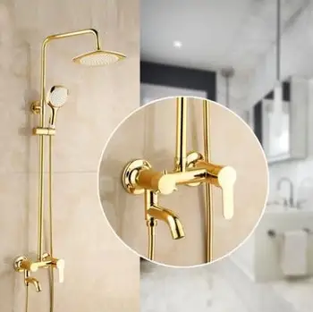 2 Style nedbør brusebad vandhane sæt-mixer, Badeværelse vægmonteret badekar med bruser vandhane, Messing bruser faucet brusehoved guld