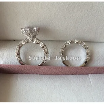 2016 Brand Design Vintage ring Runde cut 3ct 5A Zircon Cz 925 Sterling sølv Engagement Bryllup Band Ring for kvinder
