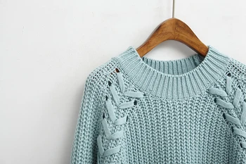 2016 Efterår og Vinter Kvinder Trøjer og Pullovers Løs Casual ensfarvet O-Neck Twist Strikket Uld Sweater Thicking