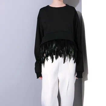 2016 efteråret nye splejsning aftagelig fjer cocoon stil asymmetrisk langærmede sweatshirts kvinder tøj FS0170