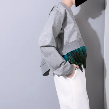 2016 efteråret nye splejsning aftagelig fjer cocoon stil asymmetrisk langærmede sweatshirts kvinder tøj FS0170