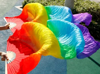 2016 Hot salg kvinder, ægte silke mavedans fan slør af belly dance fans regnbuens farver 180*90cm