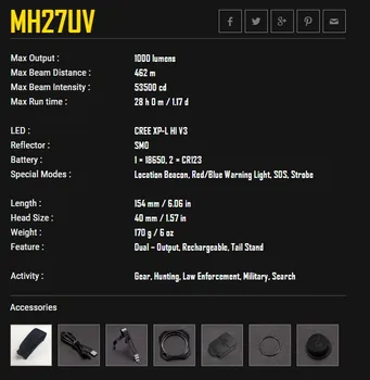 2016 ny Nitecore MH27UV CREE XP-L HI V3 RØD BLÅ UV-LED lommelygte 18650