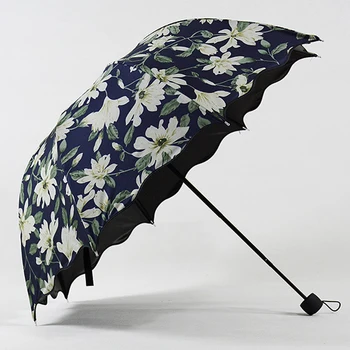 2016 Nye Ankomst Høj Kvalitet Lily Mønster Kvinders Paraply UV Proof Parasol Parasoller Sort Belægning Kvindelige Paraguas US043