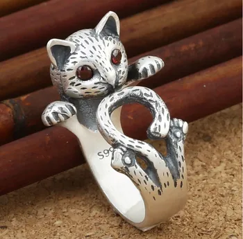 2016 nye ankomst høj kvalitet retro stil sød kat Thai sølv 925 ren sølv, forgyldt damer'adjustable størrelsen ringe, smykker gave