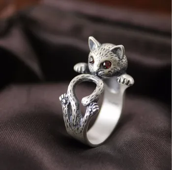 2016 nye ankomst høj kvalitet retro stil sød kat Thai sølv 925 ren sølv, forgyldt damer'adjustable størrelsen ringe, smykker gave