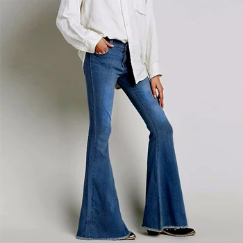2016 Vintage Lav Talje Elastik Flare Jeans Kvinder Retro Stil Bell Bottom Skinny Jeans Kvinder Dark Blue Brede Ben Denim Bukser