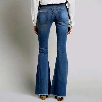 2016 Vintage Lav Talje Elastik Flare Jeans Kvinder Retro Stil Bell Bottom Skinny Jeans Kvinder Dark Blue Brede Ben Denim Bukser