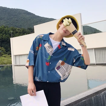 2017 den nye sommer mænds koreanske version af løs personlighed udskrivning modetrends BF vind half sleeve shirt i bomuld tøj
