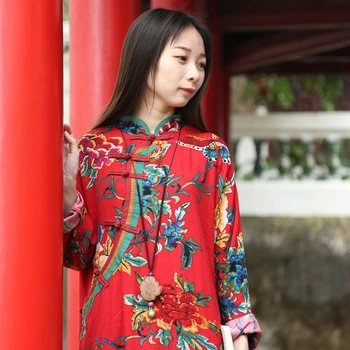 2017 Forår Nyt Design, Stor Blomst Bomuld, Linned Klæde Kvinder Robe Kinesiske Vintage Kjoler Bryllup Qipao Etniske Vestidos Jurken