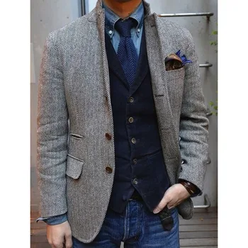 2017 Grå Sildeben Tweed Tuxedo Jakker Britiske Mænd, der Passer Slim Fit Herre Blazer frakke grå jakke Brugerdefinerede Bryllup Jakkesæt For Mænd