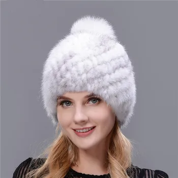 2017 Hot Style Fashion Vinter Varm Kvinder at Strikke Huer Real Mink hatte 4 Farver til Rådighed Pineaple Form Hat Med Fox Pompom