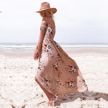 2017 kvinder shoulderless blomster trykt boho kjole fashion ladies beach sommer kjole kvindelige stapless lang maxidress